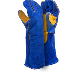 Premium Blue Leather Lined Welding Gloves With Yellow Palm Reinforcing – 20cm Cuff